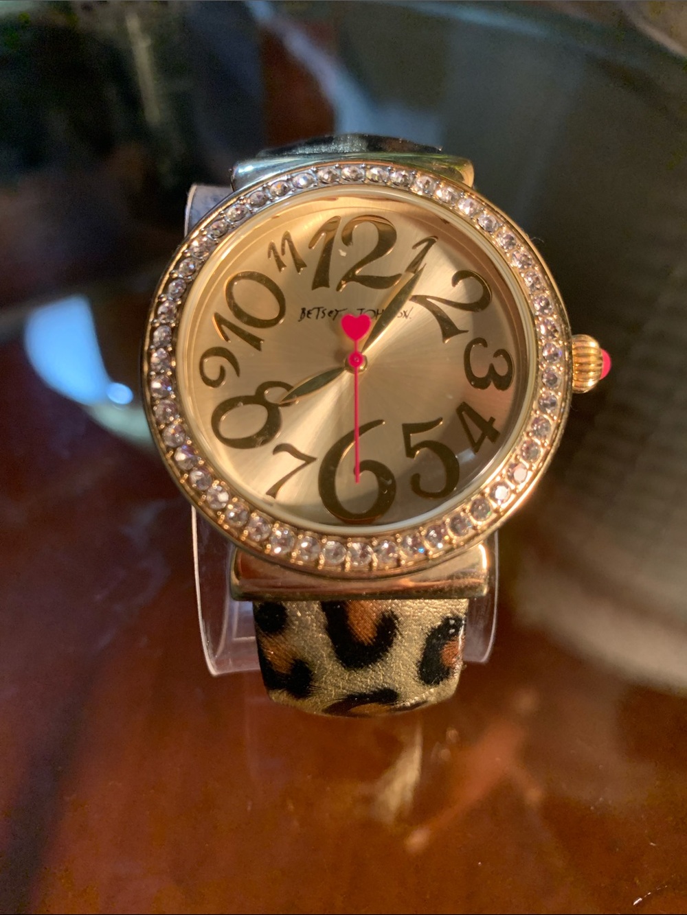 Betsey Johnson Goldtone Crystal Bezel Watch with Leopard Strap & Pink Accents